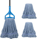 Commercial Industrial Mop with 3 Extra Large Reusable Replacement Head,59" Long Handle Heavy Duty Wet Mops,Looped-End String Cotton Mop for Floor Cleaning,House,Kitchen,Office,Garage,Tile(Blue)