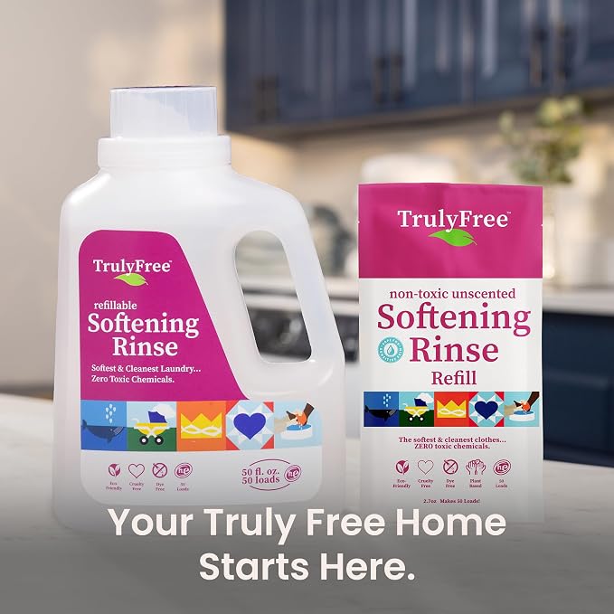 Truly Free Natural Fabric Softener | Non-Toxic for Babies & Kids Sensitive Skin | Plant-Based Laundry Softening Conditioner | Safe, Gentle & Chemical-Free | Unscented | 1 Empty Jug + 1 Fill (2.7 oz)