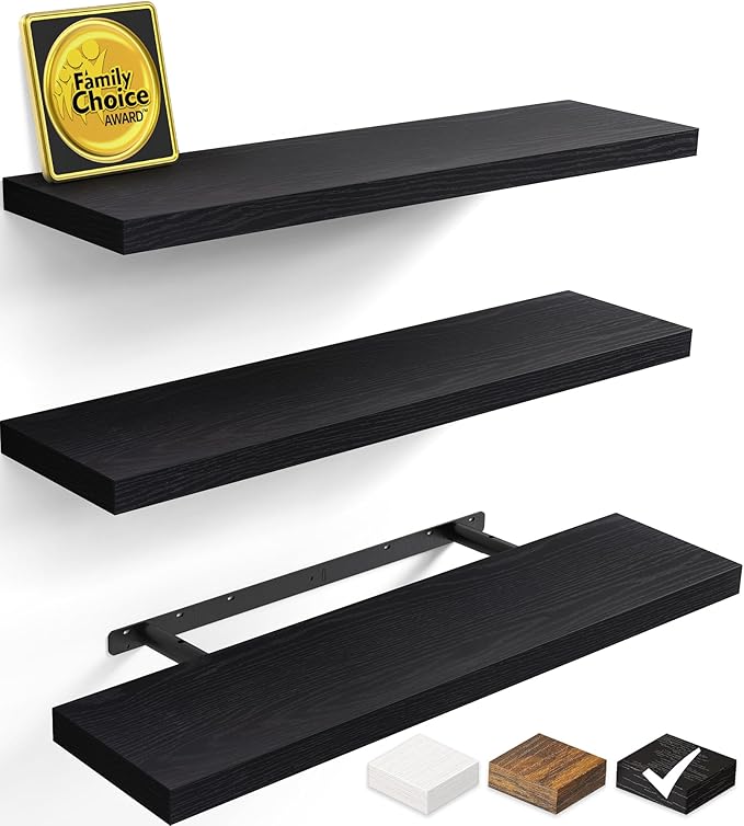 BAYKA Floating Shelves for Wall, Set of 3, 35.4 Inches Long Black Wall Mounted Rustic Wood Shelves for Bathroom, Bedroom, Living Room or Kitchen, for Book/Storage/Decor with 30lbs Capacity
