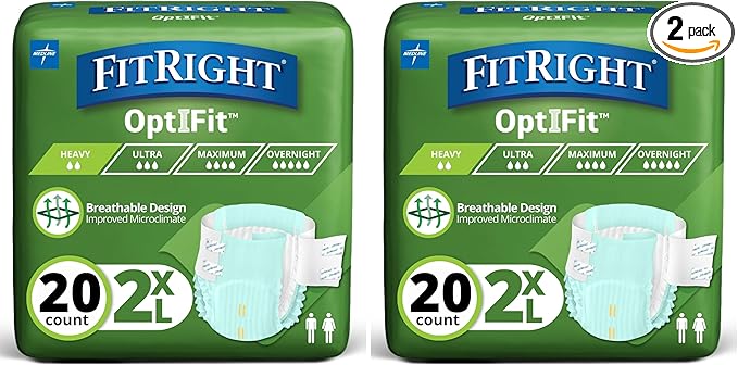FitRight OptiFit Extra Adult Briefs, Incontinence Diapers with Tabs, Moderate Absorbency, 2XL, 60 to 70", 20 Count (Pack of 2)