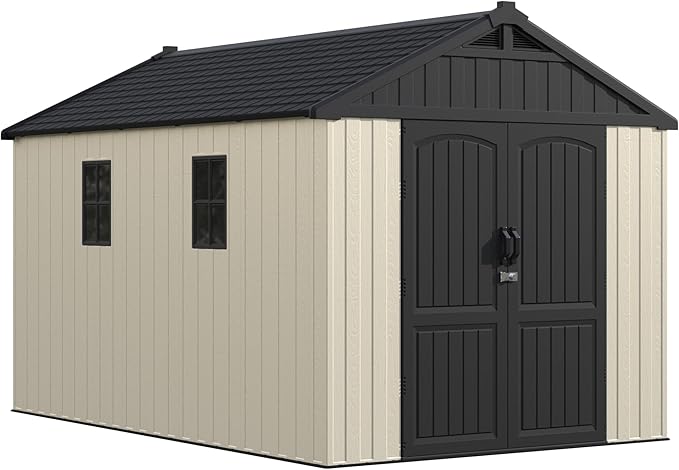 Greesum 8x12FT Plastic Outdoor Storage Shed with Floor, Resin Sheds with Window and Lockable Door, Easy Assembly, HDPE Kick-it Shed for Garden, Lawn, Backyard, Beige