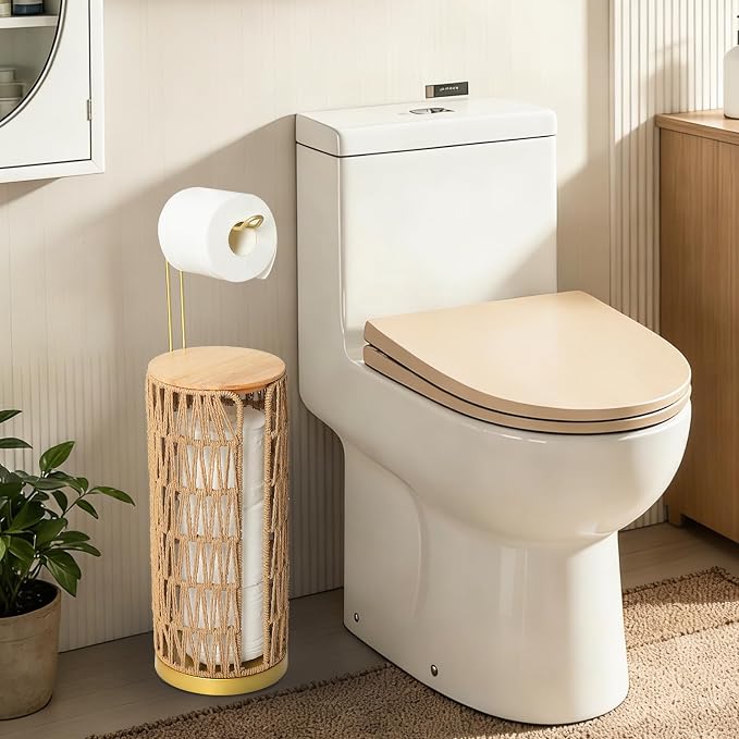 Trongee Freestanding Toilet Paper Holder with Storage,Goldn Handmade Woven Toilet Paper Roll Holder Stand,3 Rolls of Tissue Holder for Bathroom,Rattan Sturdy Boho Bathroom Toilet Paper Storage