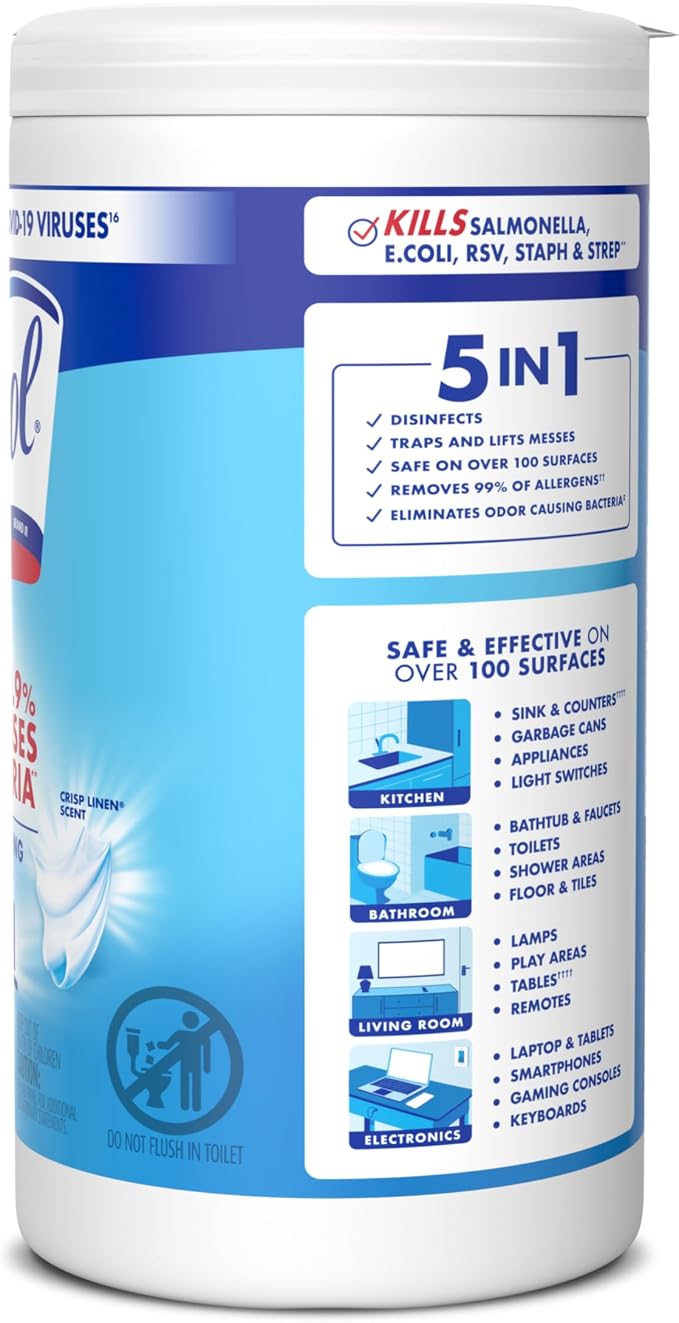 LYSOL Disinfecting Wipes, All Purpose Cleaner, Multi-Surface Antibacterial Cleaning Wipes, Household Cleaning Supplies, Dorm Essentials, Crisp Linen Scent, 80 ct.