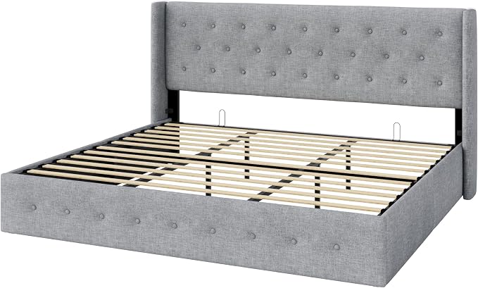 Allewie King Size Lift Up Storage Button-Tufted Bed Frame Light Grey | Modern Wingback Headboard, Hydraulic Support Storage, No Box Spring Needed
