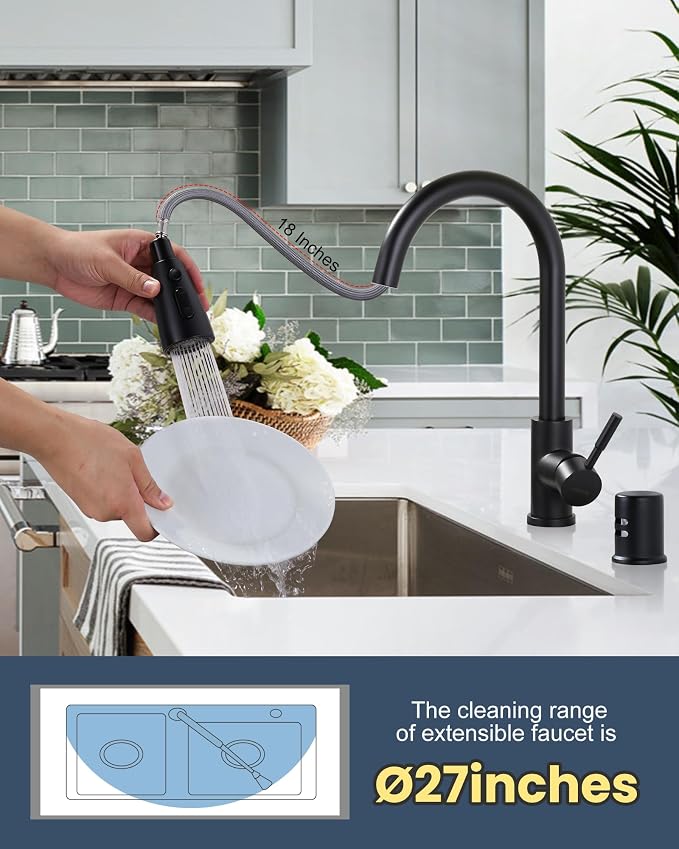 Kitchen Faucet with Air Gap: WOWOW Stainless Steel Kitchen Sink Faucet and Dishwasher Air Gap Kits for Kitchen Sink 2 or 4 Hole, Matte Black Finish