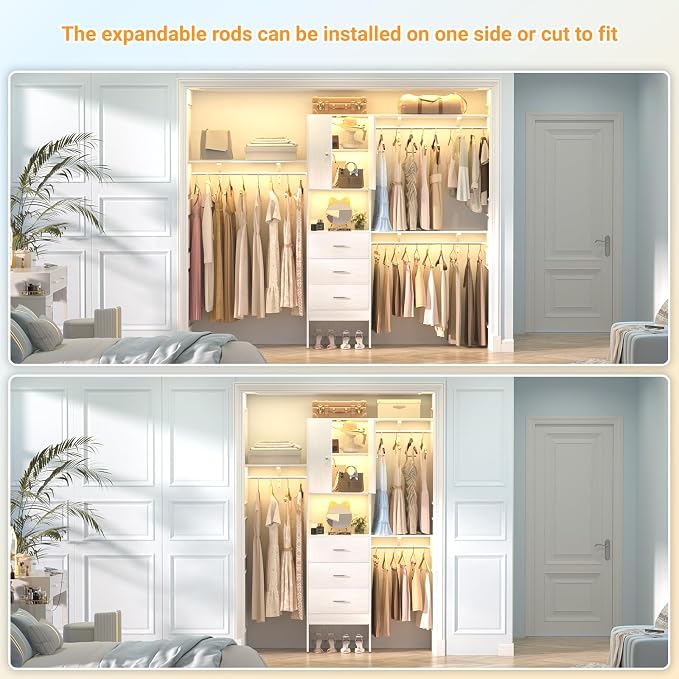 Armocity 96 Inches Closet System with Doors, 8FT Walk In Closet Organizer with 3 Shelving Towers, Heavy Duty Clothes Garment Rack with 3 Wood Drawers, 96" L x 16" W x 80" H, Max Load 1000 LBS, White