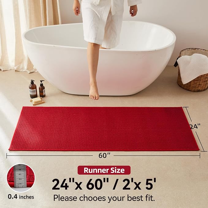 Triohero Bathroom Runner Rug, Long Bath Mat Washable Thin Quick Dry Low Pile Bathroom Runner Rugs 24 x 60 Non Slip, Red 24"x60"