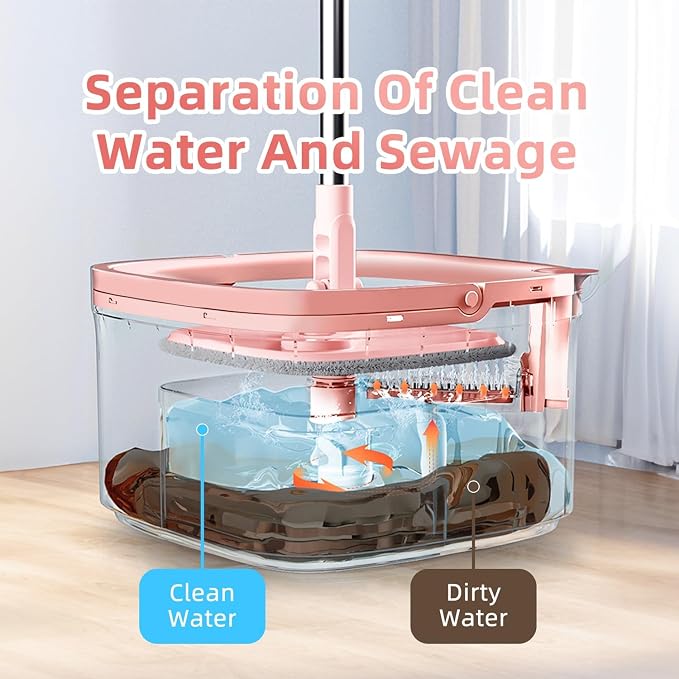 Upgraded Spin Mop and Bucket System Set, Self Separate Clean and Dirty Water, Foldable Square Standing Mop Head with Microfiber Mop Pads, Detachable Bucket (Pink, 1.0 Mop Bucket Set with 6 Pads)