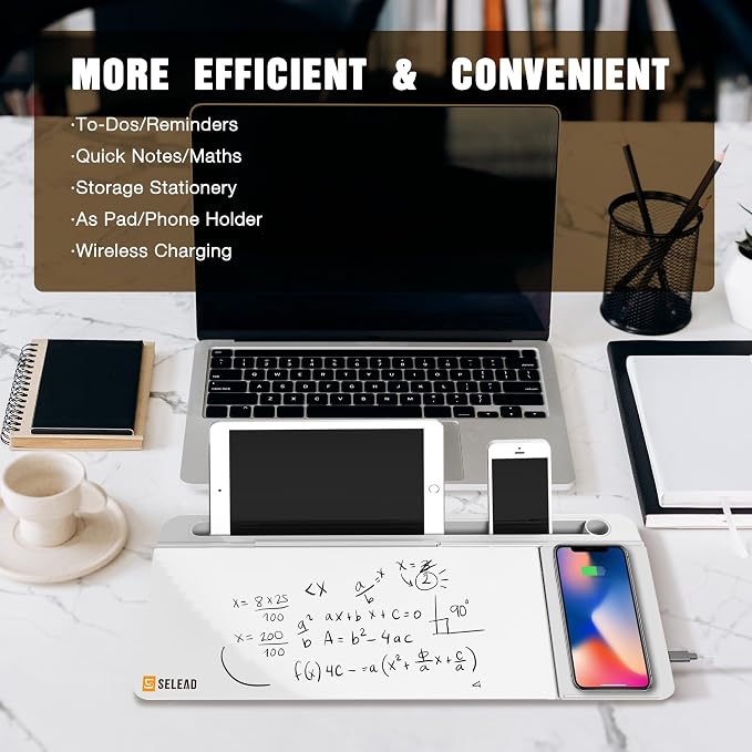 SELEAD Desktop Glass Whiteboard with Wireless Charger & Built-in Mirror, Dry Erase Board Computer Pad Keyboard Stand with Organizer for Home, School, Office Desk Accessories, White