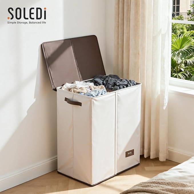 SOLEDI Luxury Double Laundry Hamper with Lid and Removable Bags, 38.3 Gal Large Laundry Bin, Laundry Basket 2 Sections, Collapsible Clothes Hamper for Bedroom, Laundry Room, Bathroom, Off-white
