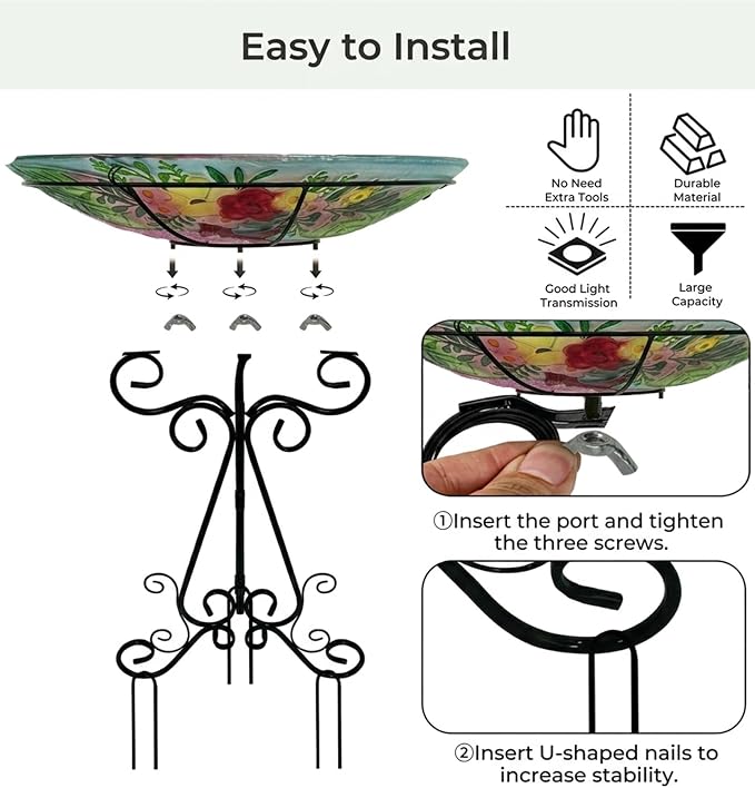 Large Glass Bird Bath with Metal Stand, Flamingo | 18" Wide Bowl, 3.2" Bathing Depth, Thick Glass Construction, Stable 3-Leg Base, Easy Clean Surface, Garden Decor
