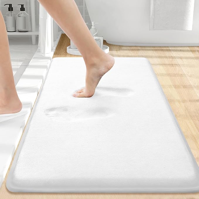 Smiry Memory Foam Bath Mat 30x20, Extra Soft and Absorbent Bathroom Mats, Non Slip Washable Carpet for Floor, Shower and Tub, White