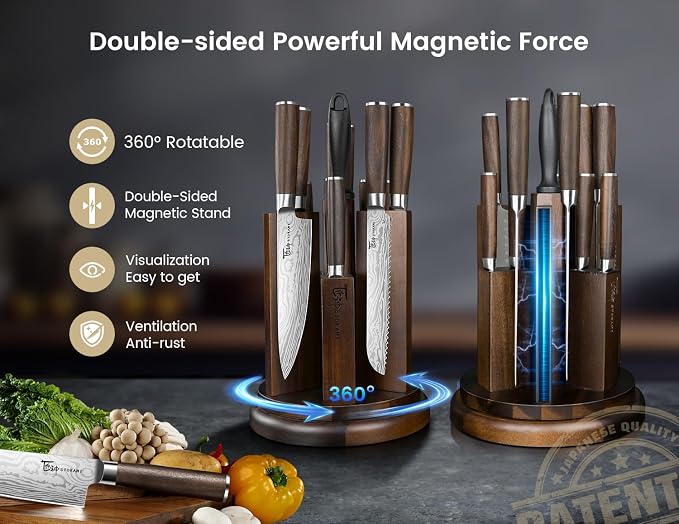SYOKAMI 2026 Upgrade Knife Set 14 Piece Japanese Style Kitchen Knife Set With 360° Rotatable Magnetic Block, High Carbon Stainless Steel Knives Sets with Steak Knives and Sharpener, Ideal for Gift
