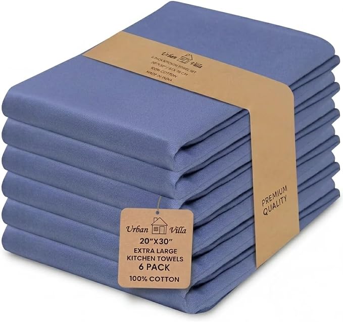 Urban Villa Kitchen Towels Cotton Dish Towels 20”x30” (Set of 6) Blue