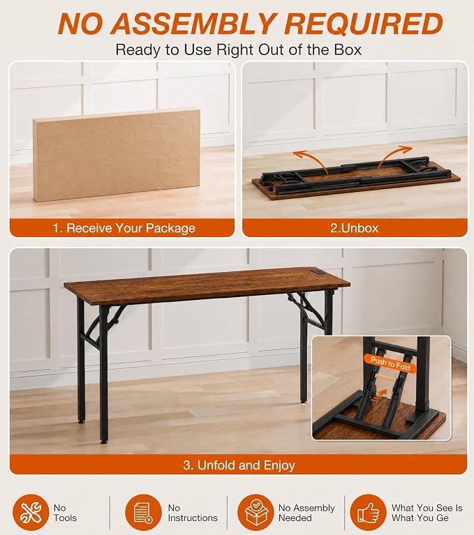 XBurmo Small Folding Desk Folding Table, No Assembly Foldable Desk Gaming Desk, 55.1-Inch Computer Table Workstation with 2 AC Outlets and 2 USB Ports for Bedroom and Home Office, Rustic Brown