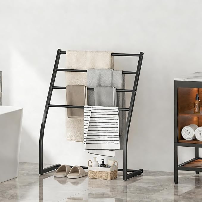 Honiter Towel Drying Rack for Bathroom, Free Standing Towel Rack, 4 Tier Wide Towel Dryer Rack, Pool Towel Racks Outdoor, Blanket Ladder Holder, Metal Towel Bar Stand for Oversized Bath Towel