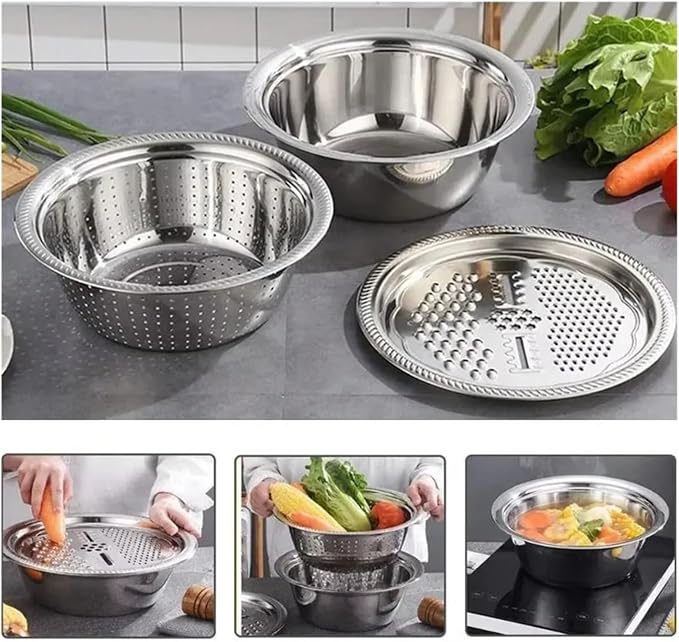 Multifunctional Stainless Steel Basin Vegetable Cutter – Fruit Slicer, Potato Peeler & Carrot Grater, Kitchen Accessory Set(Grater plate)