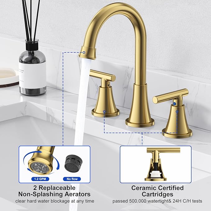Bathroom Faucets for Sink 3 Hole, Hurran Brushed Gold Bathroom Sink Faucet with Pop-up Drain and Supply Lines, Stainless Steel Lead-Free Widespread Faucet for Vanity RV, 2 Pack
