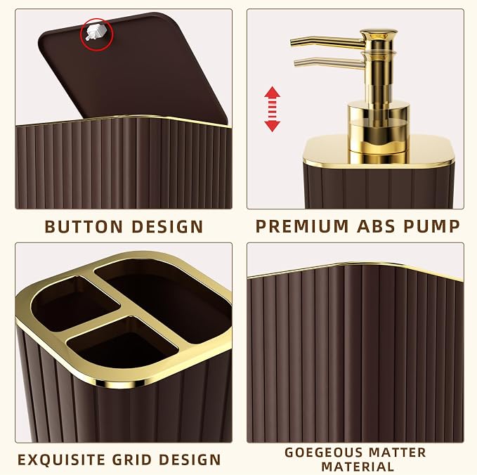 XLHOMO Bathroom Accessories Set - 25PC Brown Bathroom Sets with Shower Curtain and Rugs, Bathroom Accessory Set, Brown Shower Curtain Set, Trash Can, Qtip Holder Dispenser & Soap Dispenser