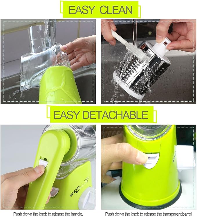 Cambom Rotary Cheese Grater Hand Crank Cheese Shredder for Fresh Cheese, Vegetable, Nuts,Non-slip Suction Base，Three Blades,Green