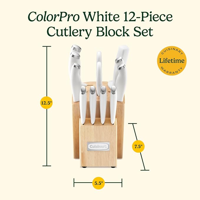 Cuisinart Block Knife Set, 12pc Cutlery Knife Set with Steel Blades for Precise Cutting, Lightweight, Stainless Steel, Durable & Dishwasher Safe, C77SSW-12P