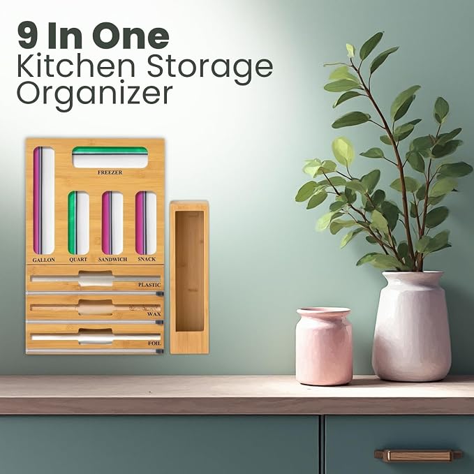 9 IN 1 Storage Bag Organizer for Kitchen Drawer - Wall Mounted | Bamboo Foil and Plastic Wrap with Cutter, Ziplock Bag Organizer for Gallon, Sandwich & Snack Bags - Aluminum Foil Organizer