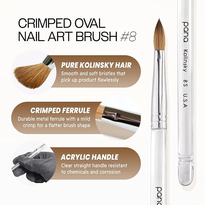 PANA Pure Kolinsky Hair Acrylic Nail Brush - Oval Crimped Clear Acrylic Handle (Size 8)