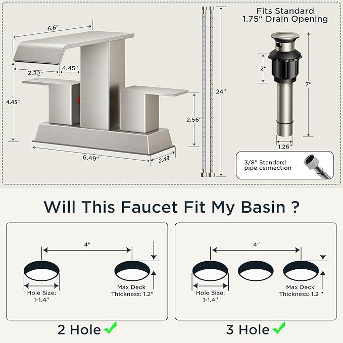 FORIOUS 4 Inch Centerset Bathroom Sink Faucet 2 or 3 Hole Brushed Nickle Double Handle, Waterfall Bathroom Faucets with Metal Pop Up Drain and Flexible Hose, Suitable for Vanity RV Restroom Remodel