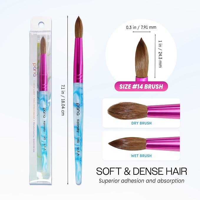 PANA Pure Kolinsky Hair Acrylic Nail Brush - Round Shape Pink Ferrule with White Swirl Blue Handle (Size 14)