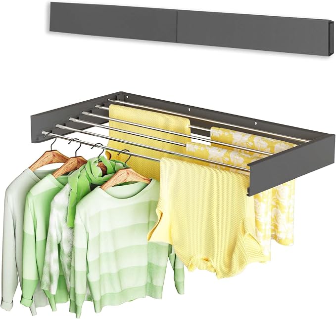 Vikaqi Wall Mounted Clothes Drying Rack 40", Foldable Wall Mount Laundry Rack Folding Indoor, Drying Rack Clothing Collapsible, Hidden Space Saver with Wall Template, 6 Rods, Black