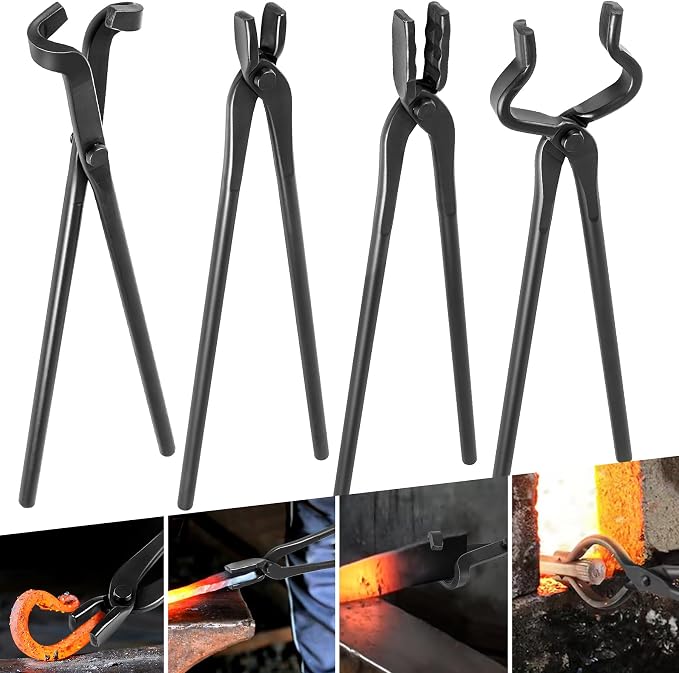 Blacksmith Tongs - V-Bit, Blade, Flat, Wolf Jaw Forge Tong (4PCS) | Assembled Steel Knife Making Tong Set for Blacksmithing Bladesmith Bladesmithing