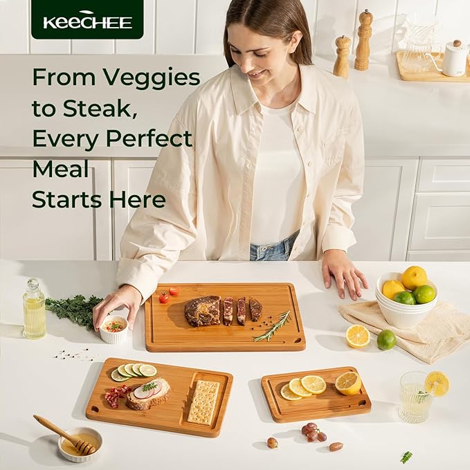 Keechee Bamboo Cutting Board, Wood Chopping Block & Charcuterie for Kitchen | Deep Juice Grooves, Built-in Handles, Non Toxic Butcher Block for Meat, Vegetables, Cheese and Fruits, Gifts Ready
