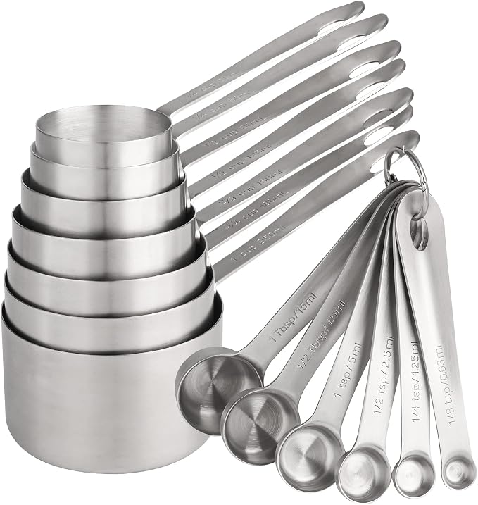 Measuring Cups and Spoons Set, 18/8 Stainless Steel Measuring Cups and Spoons, Metric & US Metal 7 Kitchen Measure Cups & 6 Measuring Spoons, Baking Measuring Tools Set 13