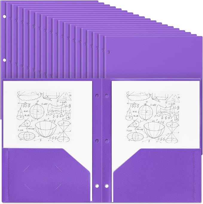 Yeaqee 72 Pcs Plastic Folders with Pockets Bulk 3 Hole Punched 2 Pocket File Folders for 3 Ring Binder Divider Folder for Notebooks, Durable Poly for Office Home (Purple)