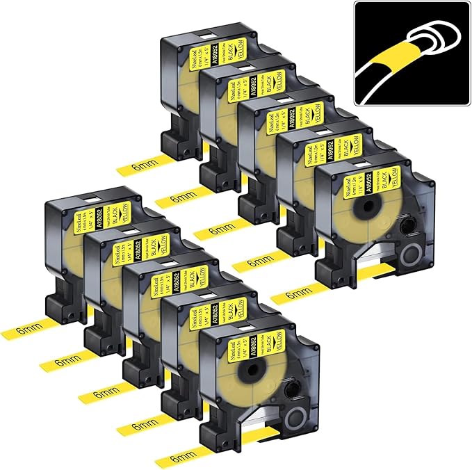 Compatible for DYMO Heat Shrink Tube 18052 1/4" Black on Yellow, 10-Pack | Nineleaf 6mm Yellow Heat Shrink Label Compatible for DYMO Label Maker use in Refills Wire for Rhino 3000 4200 5000 5200 6000