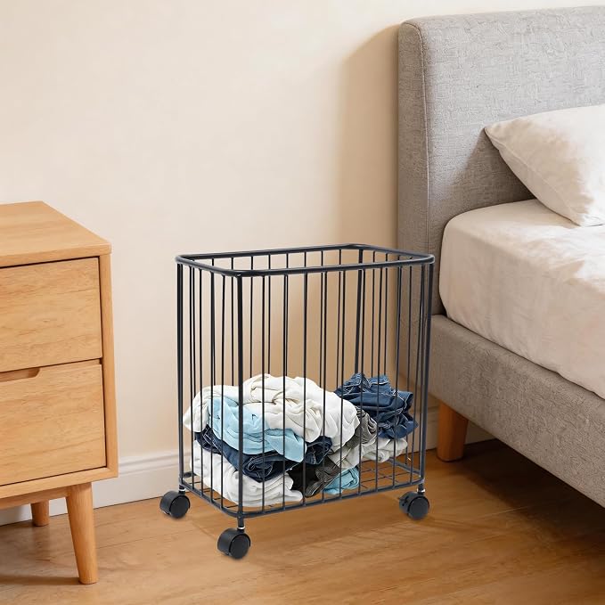 Rolling Laundry Basket with Wheels, Rectangular Metal Laundry Hamper, Large-size Dirty Clothes Basket, Versatile Portable Hollow-out Storage Basket for Home, 15.7"×9.8"×15.7" (Black-R)