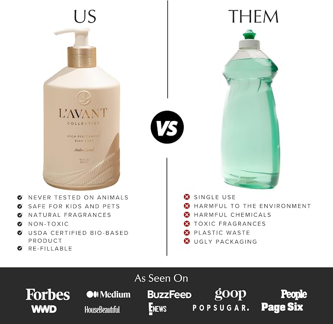 L'AVANT Collective Natural Luxury Dish Soap | Plant-Based, Non-Toxic & Grease-Cutting, Safe for Kids & Pets, Refillable Glass Bottle with Pump, 16 Fl Oz | Ambre Santal
