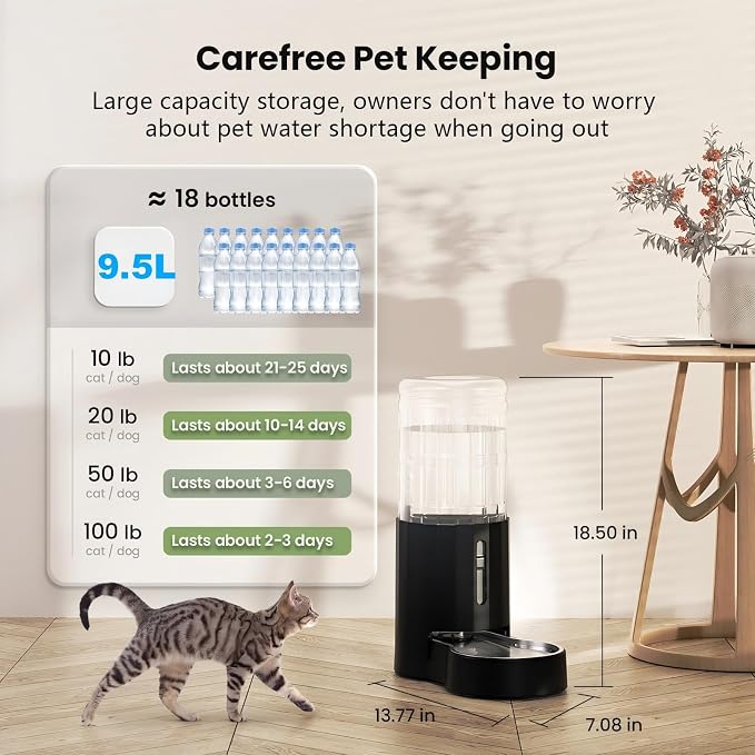 CZPET 2.5 Gallon Dog Water Bowl Dispenser with Filter (9.5L,Black) | With Stainless Steel Bowl Gravity Waterer, Large Capacity and Drinking Area Noise-Free for Pets