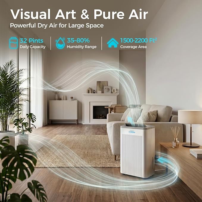 1500 Sq.Ft Dehumidifier, Max 32 Pint Quiet Dehumidifier for Bedroom with HEPA Filter Air Purifiers, Dehumidifiers for Basement with Drain Hose,Home,Bathroom,Auto Defrost,Smart Humidity Control