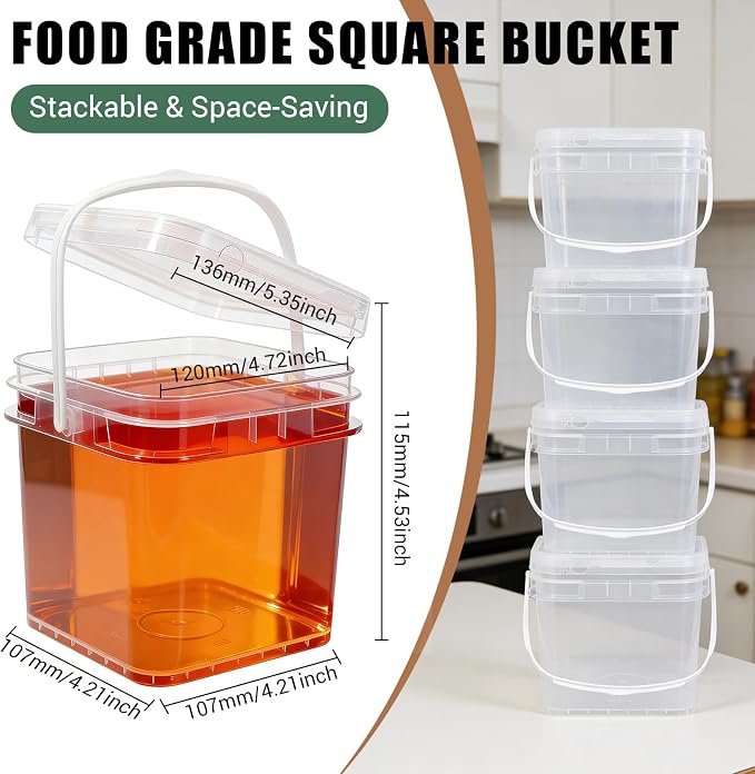 Food Storage Buckets with Lids - 4 Set Square Clear Plastic Containers, Airtight Pressure Seal & Handle for Kitchen Freezer Prep (Clear, 34 oz)