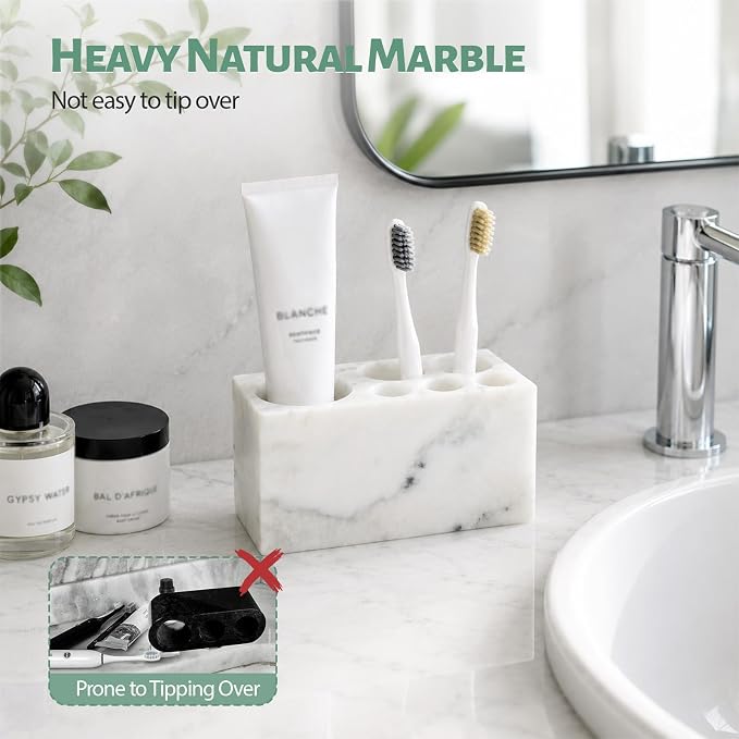 BCS Toothbrush Holder for Bathrooms, 6 Slots Open-Bottom Marble Toothbrush Organizer, Makeup Brush Stand Toothbrush Storage Collection for Bathroom Countertop Vanity Organization - Grigio Fantasy