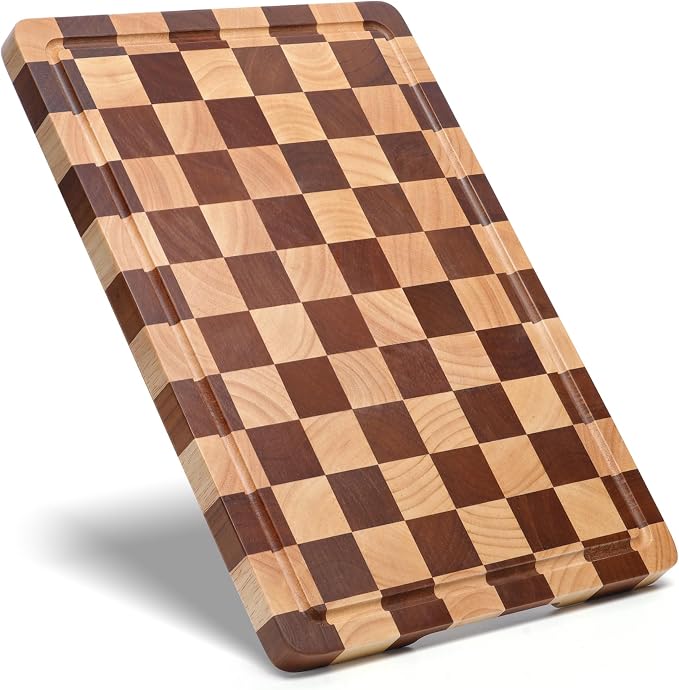 Checkered Cutting Board for Kitchen -Wood Checkerboard Cutting Board | Wooden Checker Chopping Board End Grain Cooking Board with Juice Groove & Handle for Meat, Fruit, Bread, Vegetable