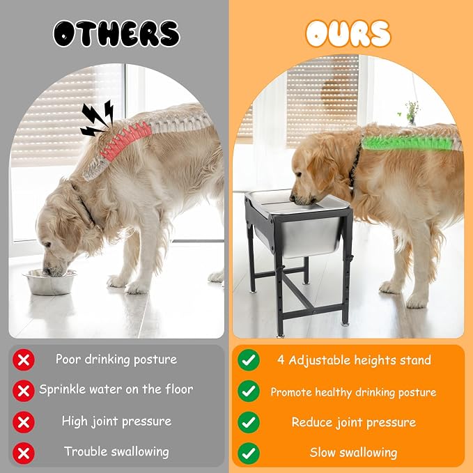 BWOGUE 3 Gal Elevated Dog Water Bowl, Stainless Steel Stand for Large Dogs | Raised Dog Water Bowl, 4 Adjustable Heights at 9/11/13/15 in, Non-Slip Base, Indoor/Outdoor Use, Joint Pressure Relief