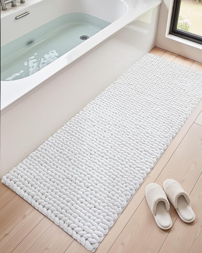 DEXI Bathroom Runner Rugs 60x24, Non Slip Washable Long Bath Mat, Luxury Chenille Super Absorbent Ultra Thick Bathmats for Shower Floor, Plush Fluffy Shaggy Carpet for Tub, White