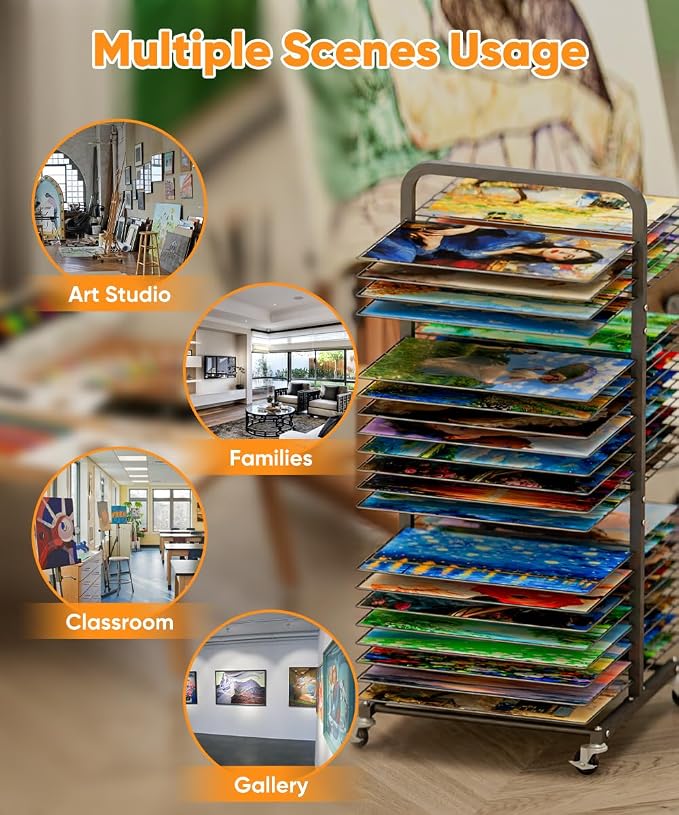 Art Drying Rack with 40 Removable Shelves, Mobile Metal Paint Drying Stand with Lockable Wheels, Functional Canvas Rack Art Storage for Artwork in Classrooms, Art Studios and Schools, Black