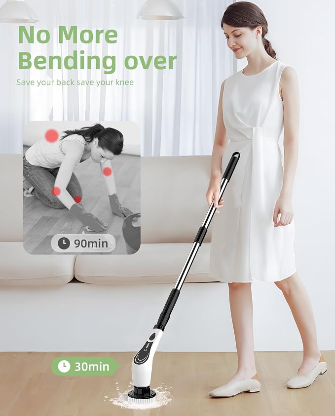 Cordless Electric Spin Scrubber, 8-in-1 Bathroom Cleaner | Bathroom scrubber, LED display, dual speeds, IPX7 waterproof, interchangeable heads for grout, tub, shower, wet-dry vacuum