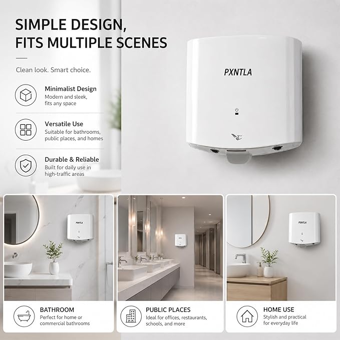 Hand Dryer, 12-15 Seconds Fast Dry Hands, 100-130V Voltage, Bottom Hot & Cold Air Switch, IPX1 Waterproof & 60s Overheat Protection