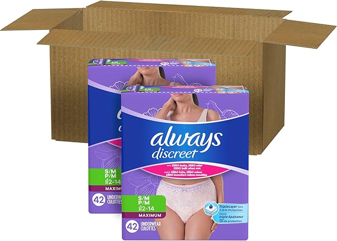 Always Discreet Adult Diapers for Women, Incontinence Underwear, Postpartum Essentials, Disposable Briefs, Max Absorbency, Bladder Leak Protection, Small/Medium, 84ct