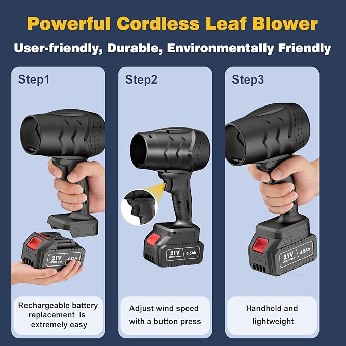 Electric Mini Leaf Blower, Powered Handheld Blower Leaf, Adjustable Wind Speed Cordless 21V Battery Blower with 2 Rechargeable Batteries and Charger, Toolbox, for Yard Leaf & Snow Removal(Black)