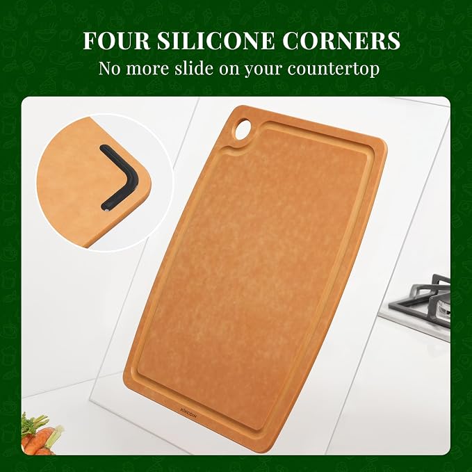 Kikcoin Wood Cutting Board, Cutting Boards for Kitchen Dishwasher Safe Non-slip Chopping Board with Juice Groove, Wood Fiber Composite Cutting Board with Hanging Hole, 17.3"*12.8"